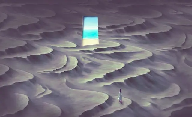 woman searching for a doorway in a desert landscape